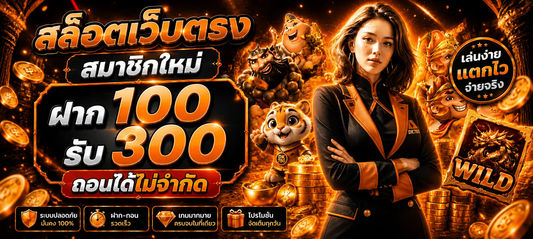 แบนเนอร์ DK780 สล็อตโทนส้มดำพร้อมมาสคอตเสือ